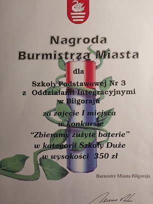 Zbieramy zużyte baterie – I miejsce dla szkoły