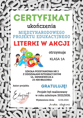 Literki w akcji – certyfikat dla 1 a